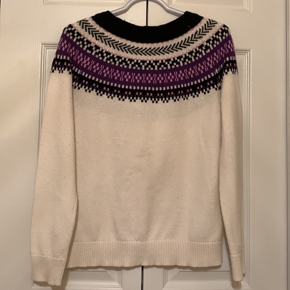 Talbots Nordic Wool Blend Crewneck Sweater in Purple Cream Fair Isle Petite New - Picture 5 of 6